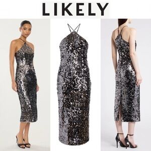 Likely ORIANA DRESS Black Silver Halter Sequin Midi Dress Sz 2 NWT 348$